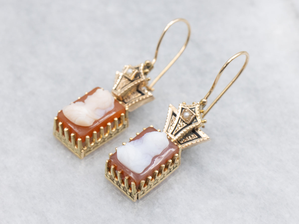 Victorian Cameo Gold and Black Enamel Seed Pearl Drop Earrings