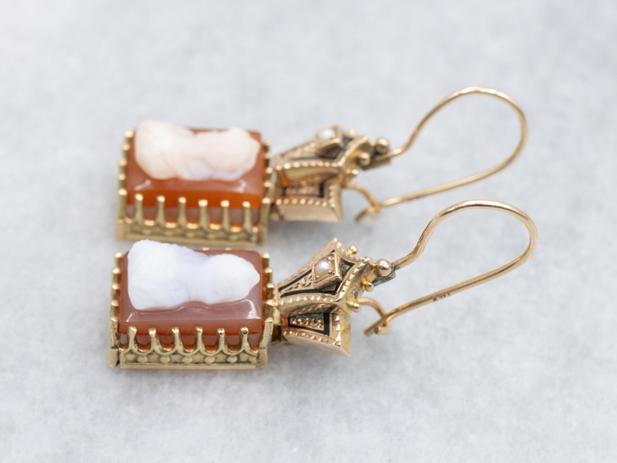 Victorian Cameo Gold and Black Enamel Seed Pearl Drop Earrings