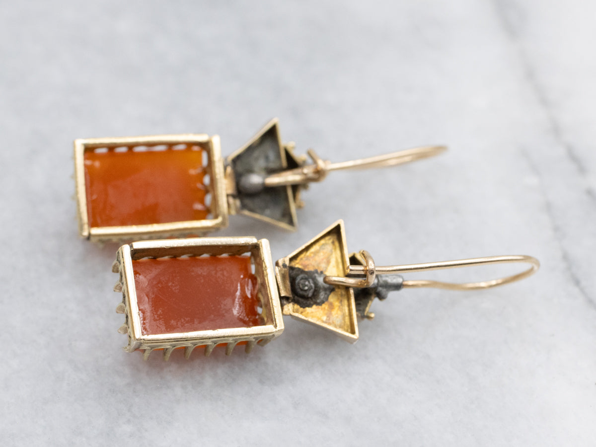 Victorian Cameo Gold and Black Enamel Seed Pearl Drop Earrings