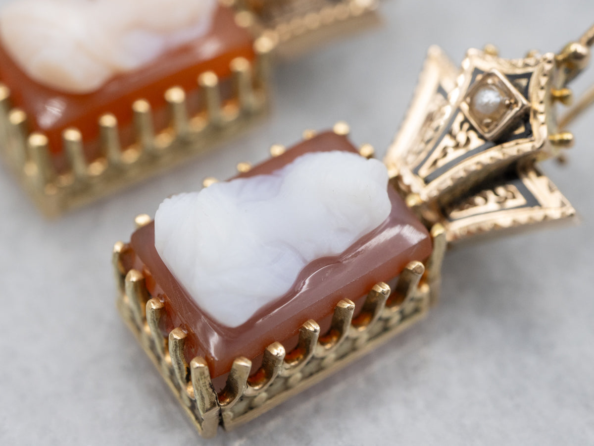 Victorian Cameo Gold and Black Enamel Seed Pearl Drop Earrings