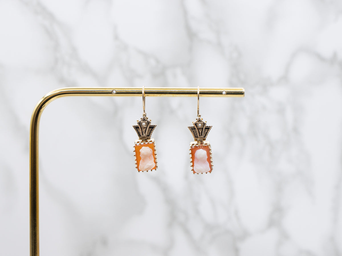 Victorian Cameo Gold and Black Enamel Seed Pearl Drop Earrings