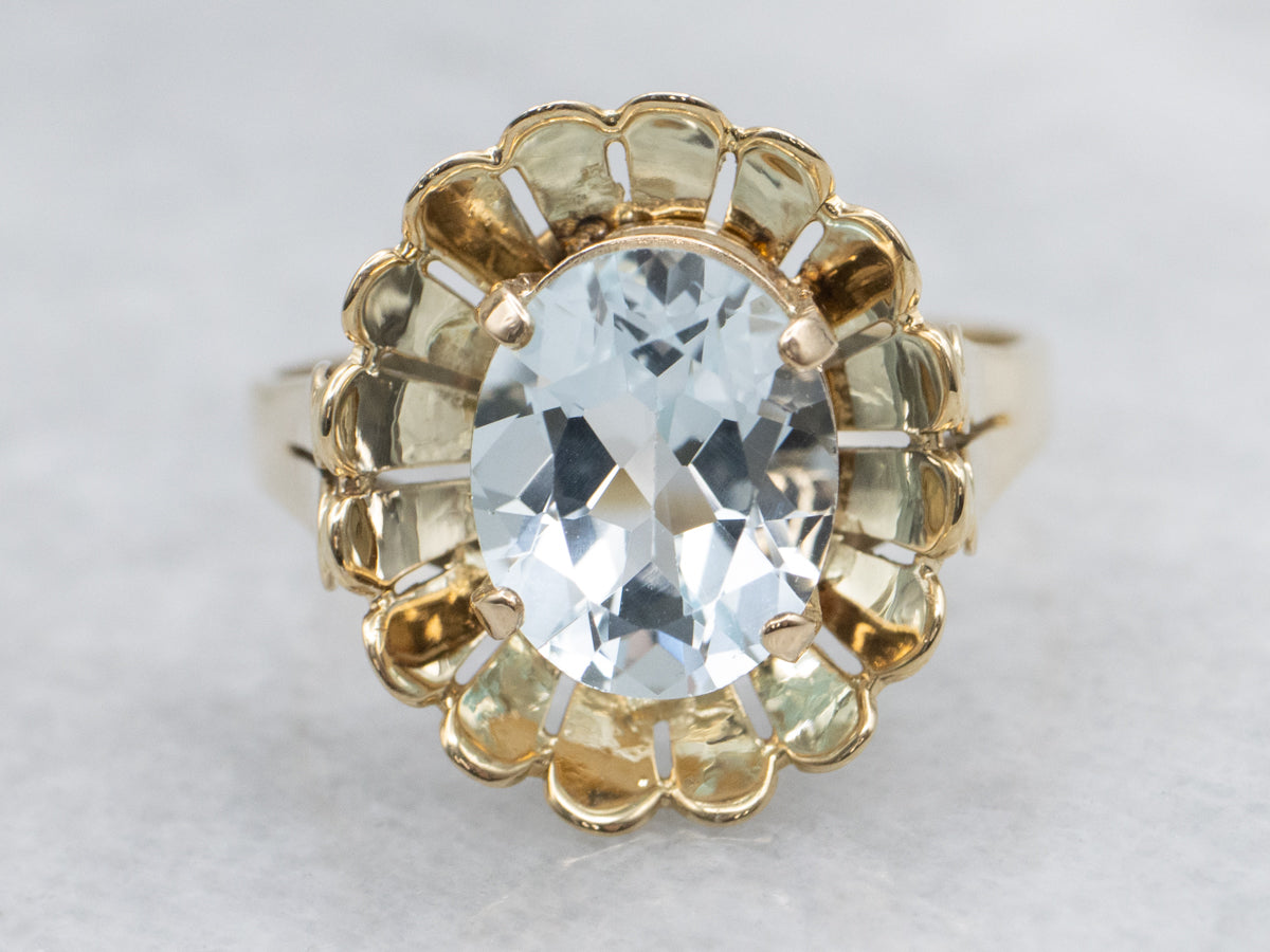 Oval-Cut Blue Topaz in Vintage Golden Floral Cocktail Setting