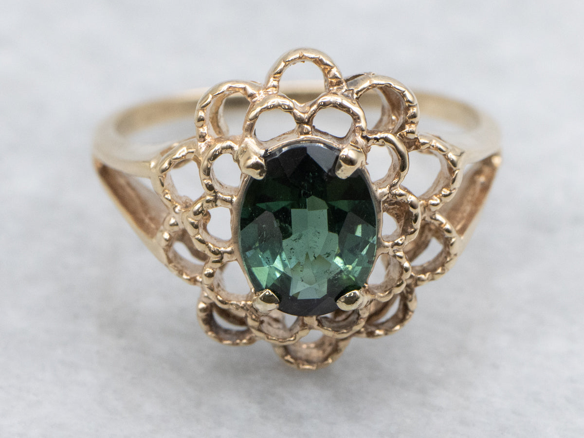 Floral 10K Yellow Gold Green Tourmaline Ring