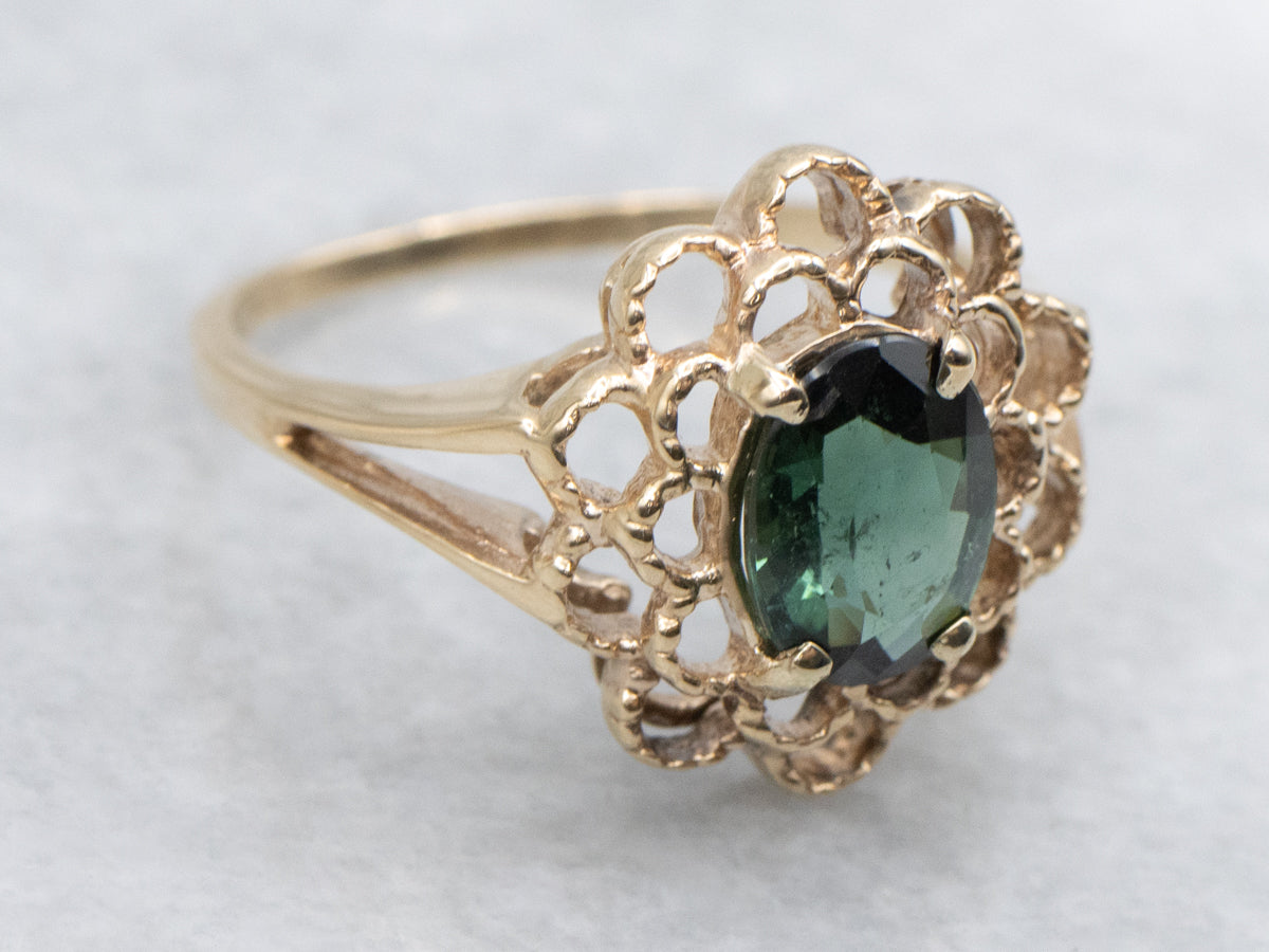 Floral 10K Yellow Gold Green Tourmaline Ring