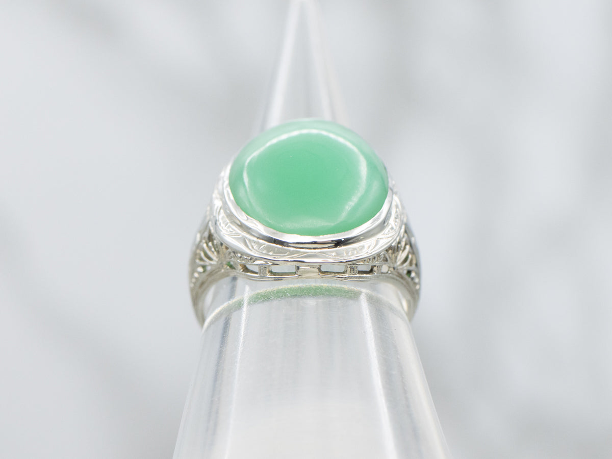 Art Deco Chrysoprase 18-Karat White Gold Filigree Ring
