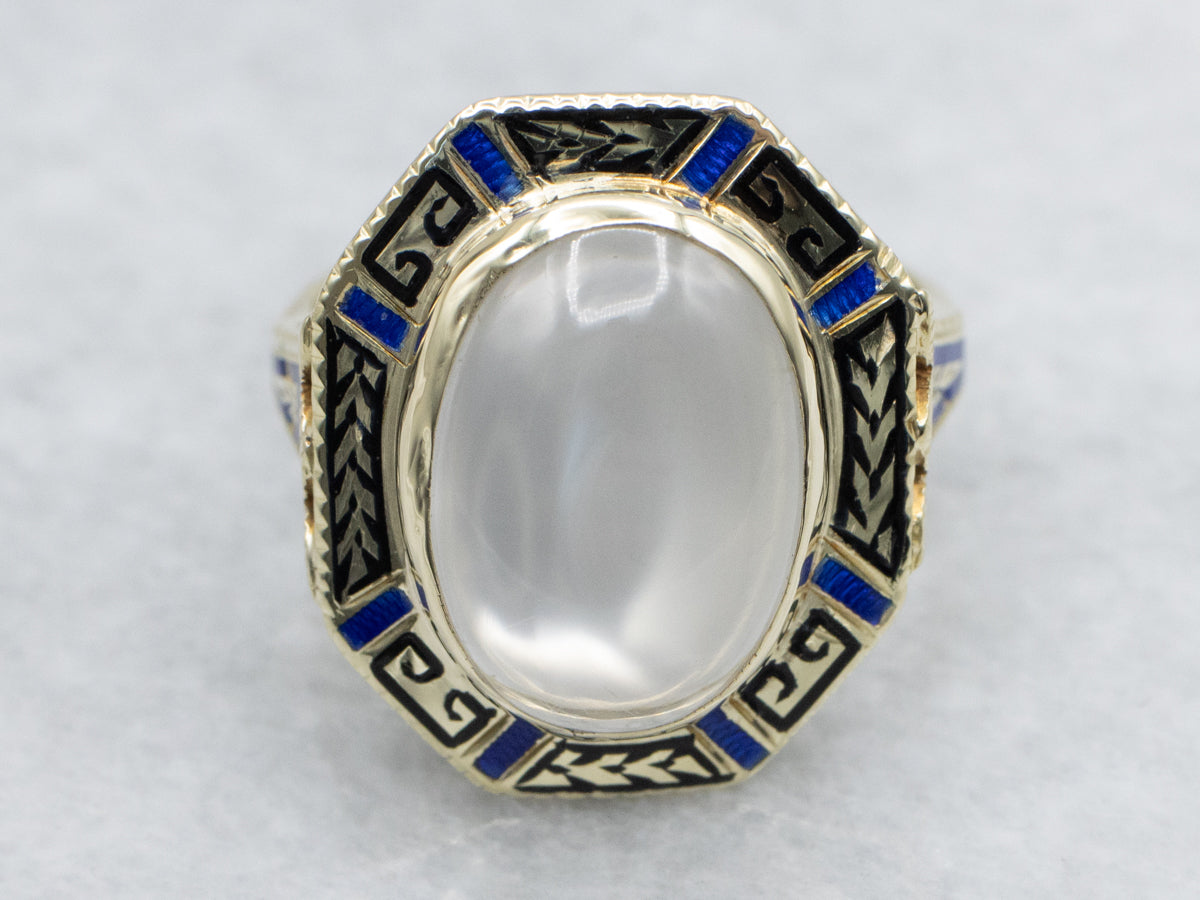 Stunning Moonstone and Antique Enamel Gold Ring