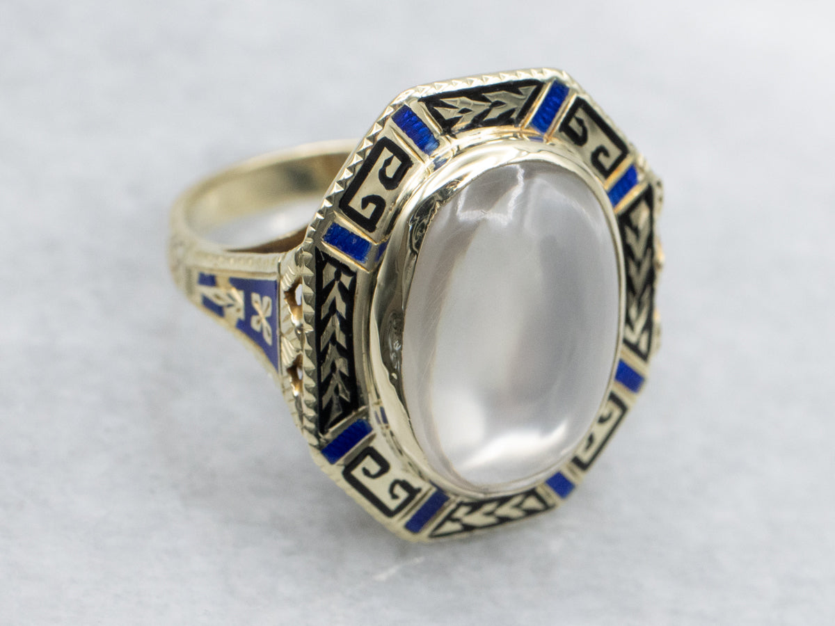 Stunning Moonstone and Antique Enamel Gold Ring