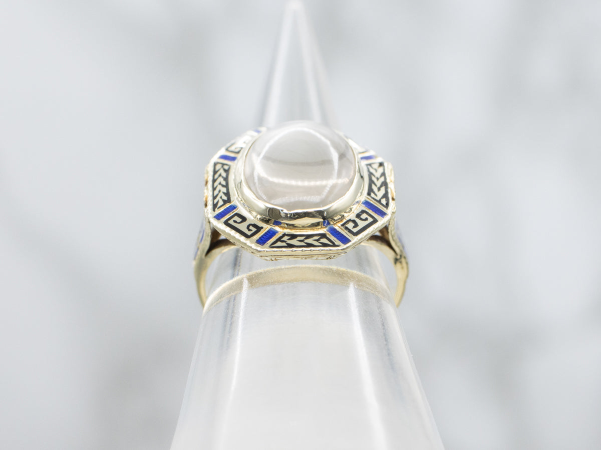 Stunning Moonstone and Antique Enamel Gold Ring