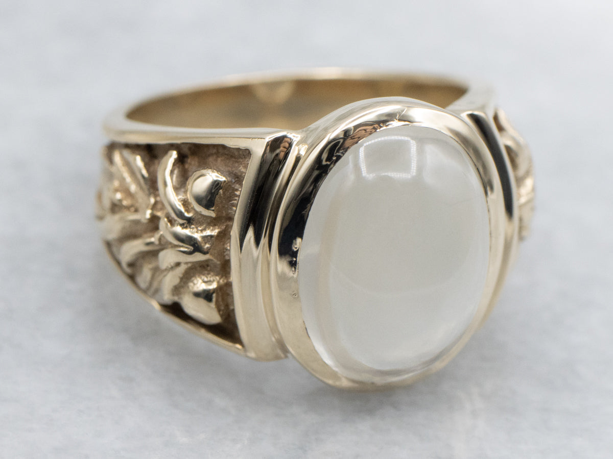 Bezel Set Botanical Moonstone and Gold Statement Ring