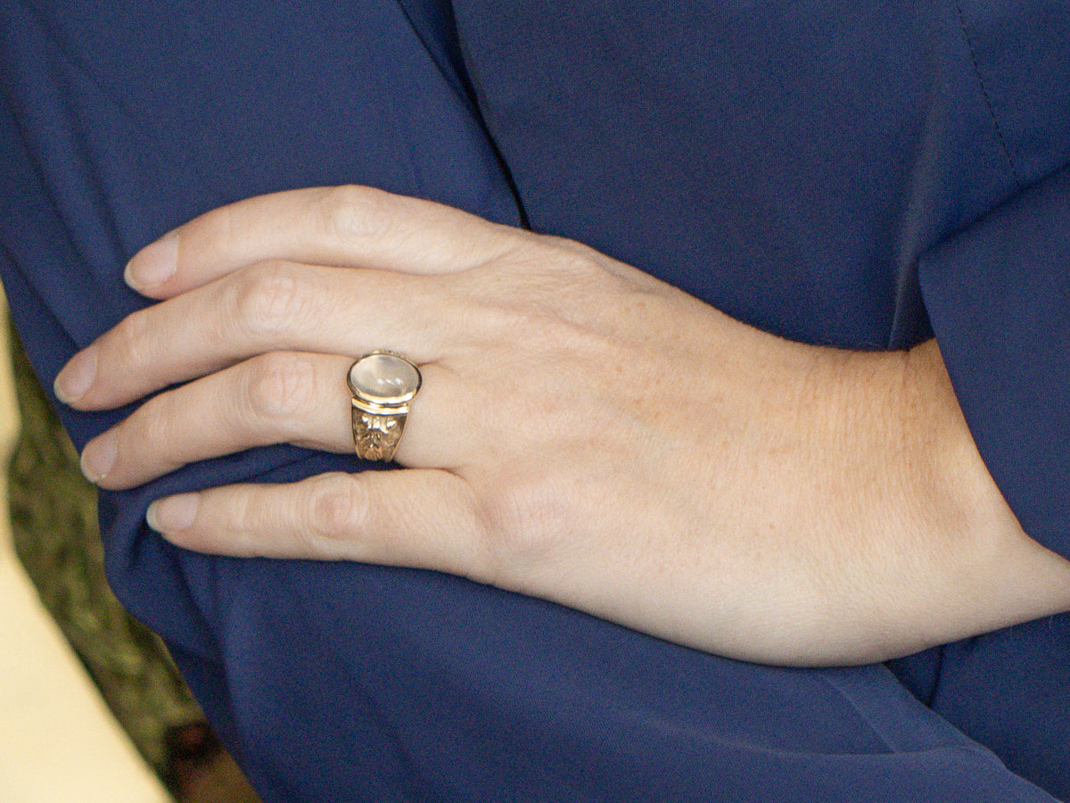 Bezel Set Botanical Moonstone and Gold Statement Ring