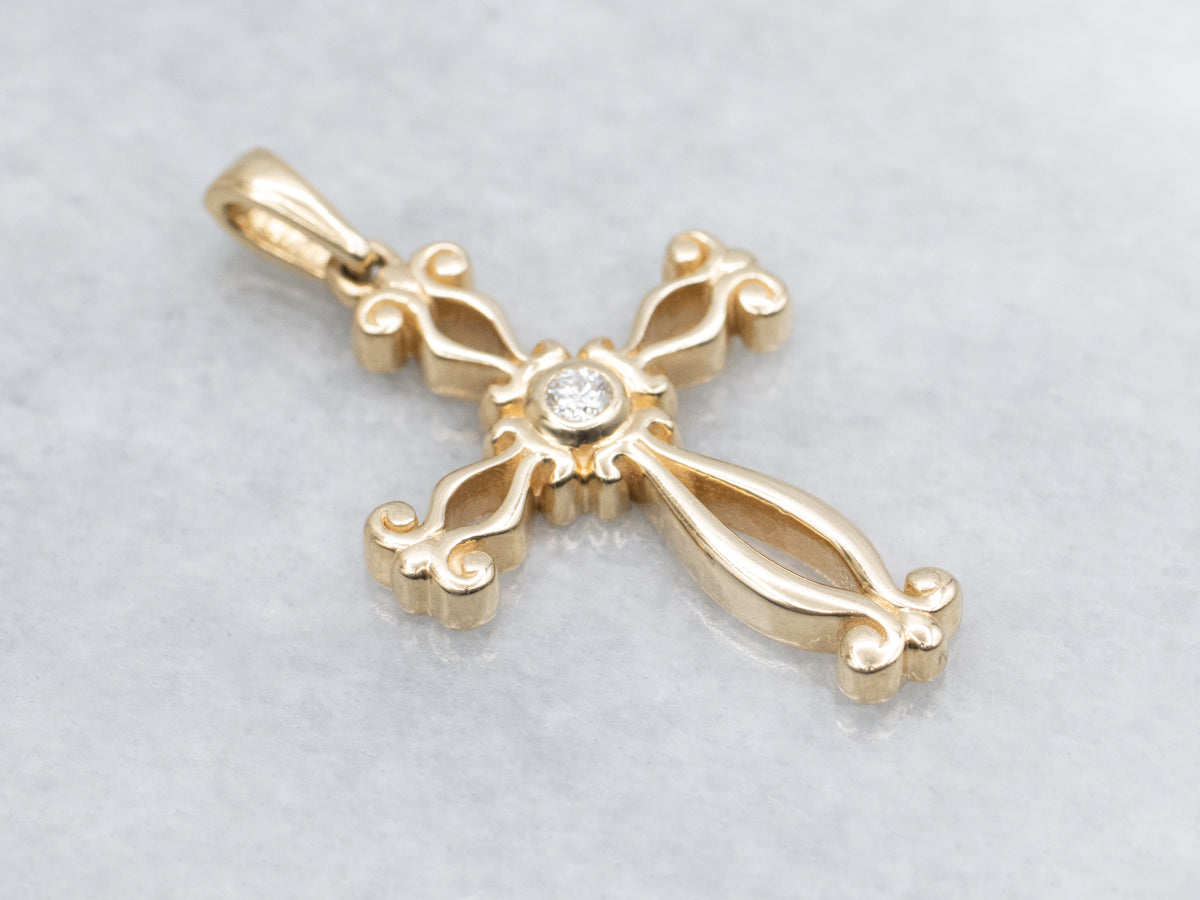 Scrolling Yellow Gold Diamond Cross Pendant