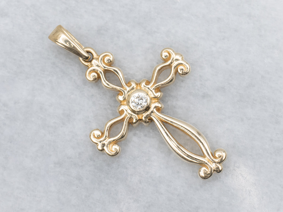 Scrolling Yellow Gold Diamond Cross Pendant