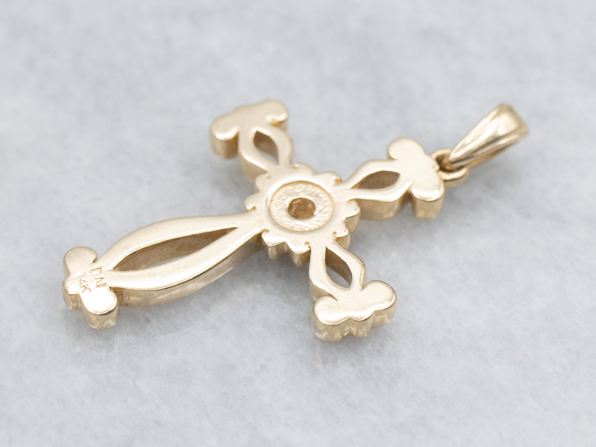 Scrolling Yellow Gold Diamond Cross Pendant