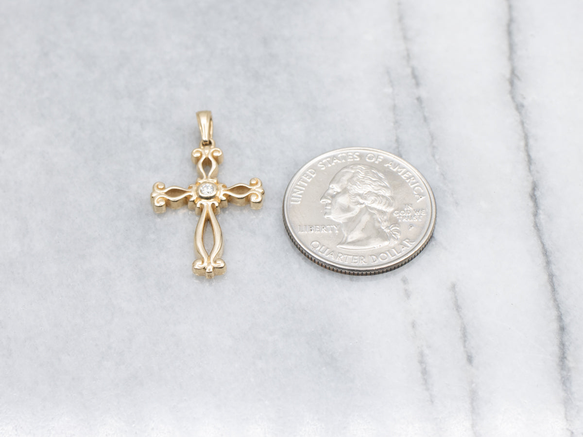 Scrolling Yellow Gold Diamond Cross Pendant