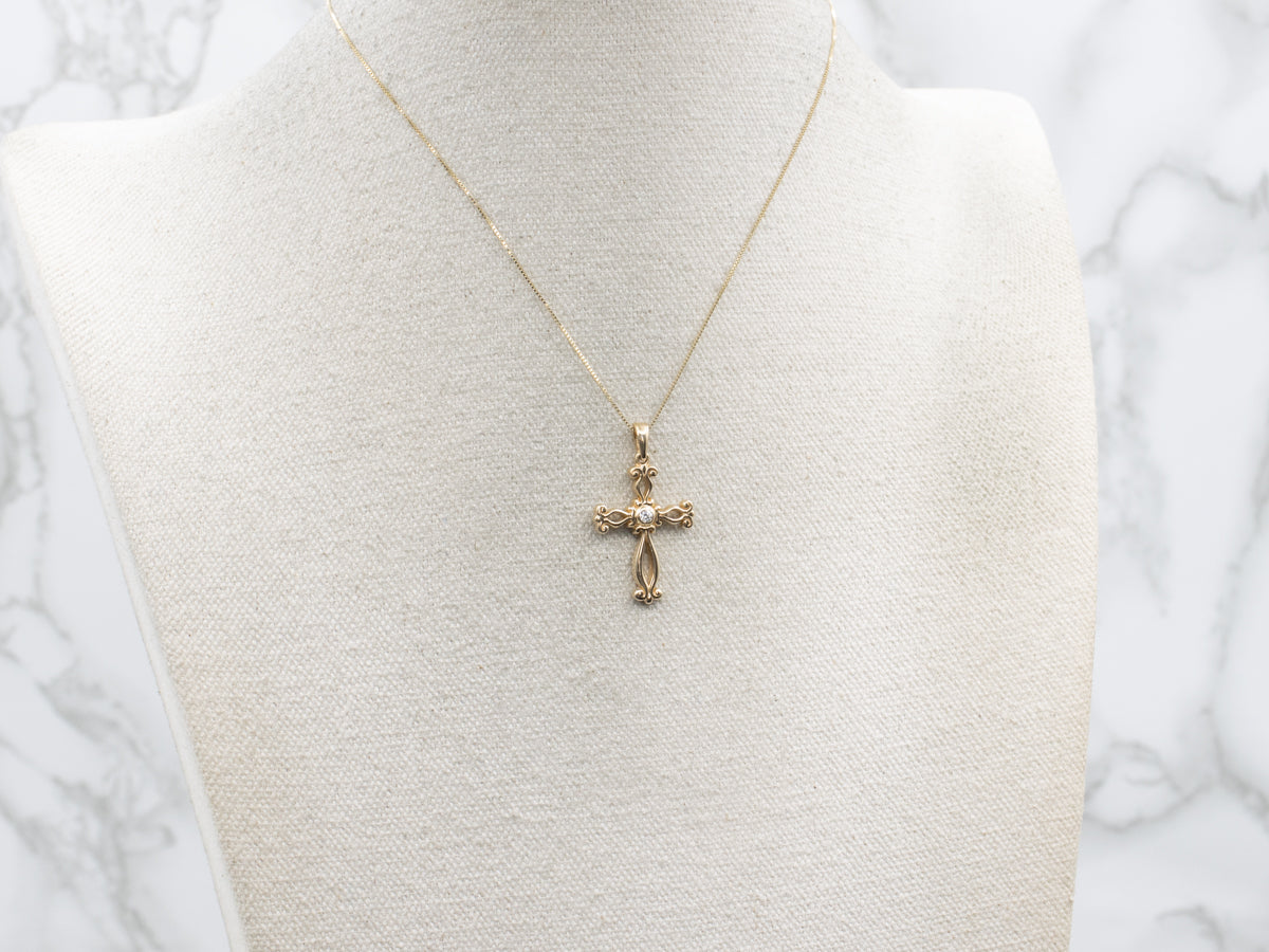 Scrolling Yellow Gold Diamond Cross Pendant