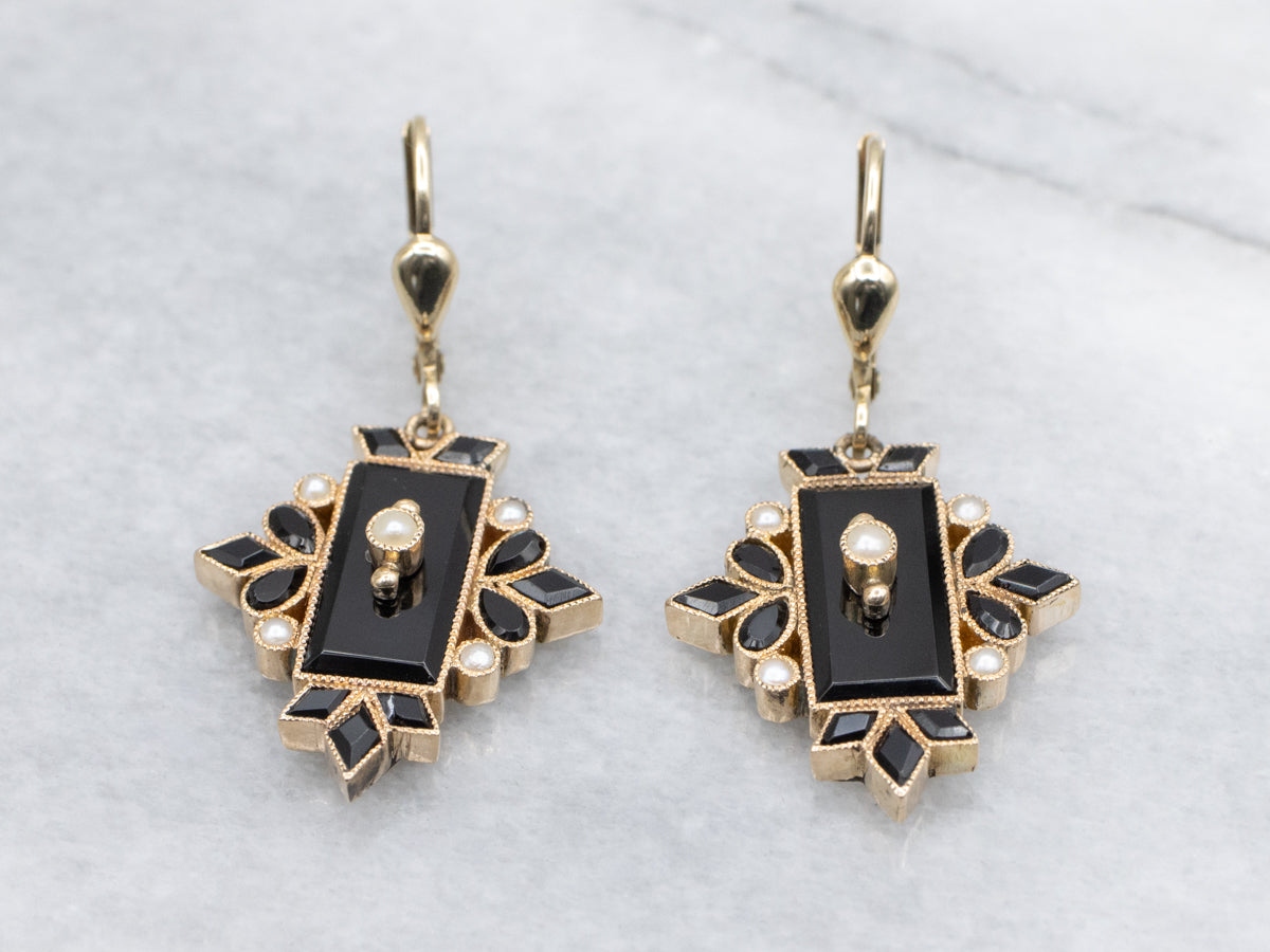 Gothic Black Onyx and Seed Pearl Italian Gold Drop Earrings