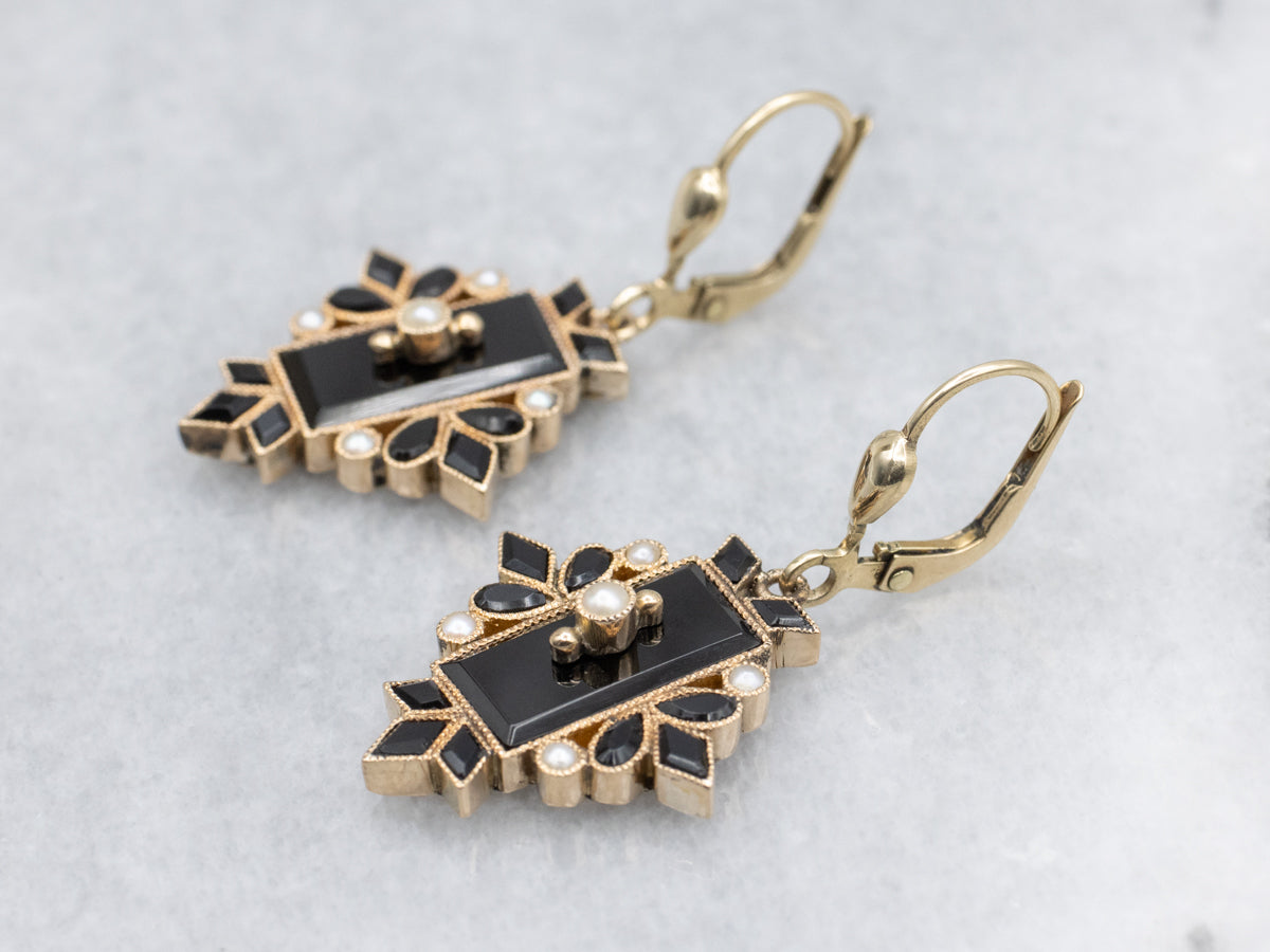 Gothic Black Onyx and Seed Pearl Italian Gold Drop Earrings