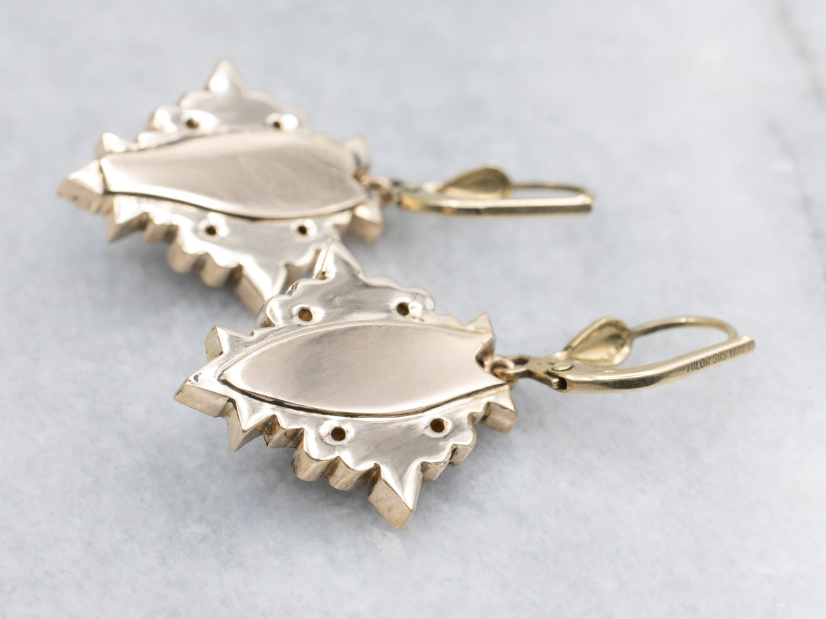 Gothic Black Onyx and Seed Pearl Italian Gold Drop Earrings