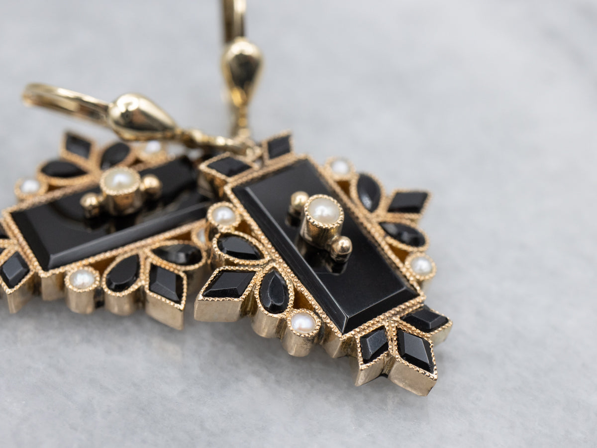 Gothic Black Onyx and Seed Pearl Italian Gold Drop Earrings