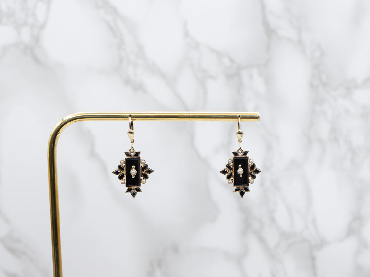 Gothic Black Onyx and Seed Pearl Italian Gold Drop Earrings