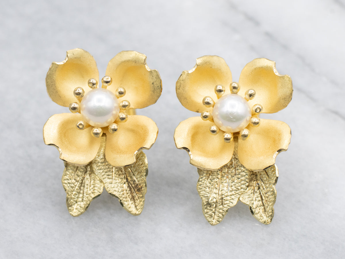 Vintage 18-Karat Yellow Gold Pearl Flower Blossom Earrings