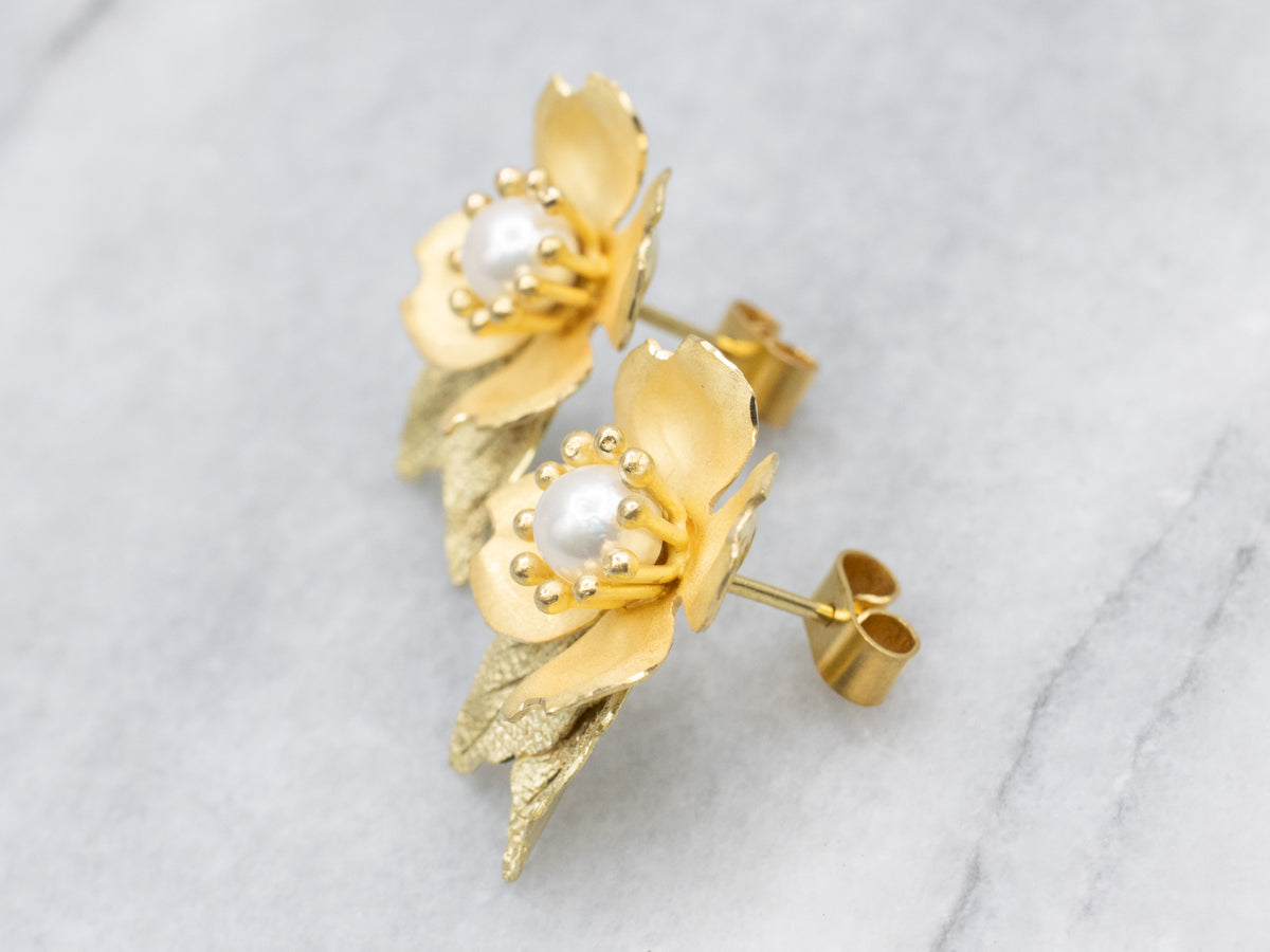Vintage 18-Karat Yellow Gold Pearl Flower Blossom Earrings