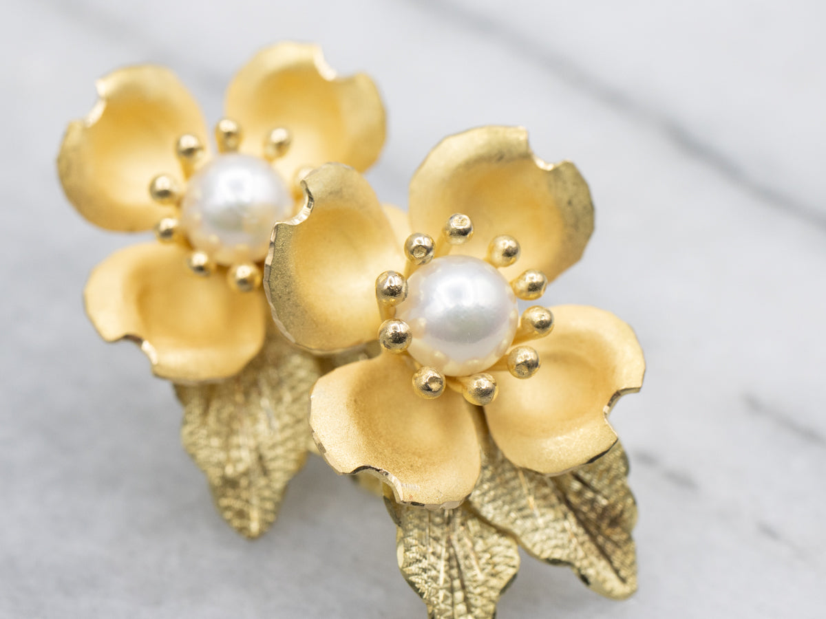 Vintage 18-Karat Yellow Gold Pearl Flower Blossom Earrings