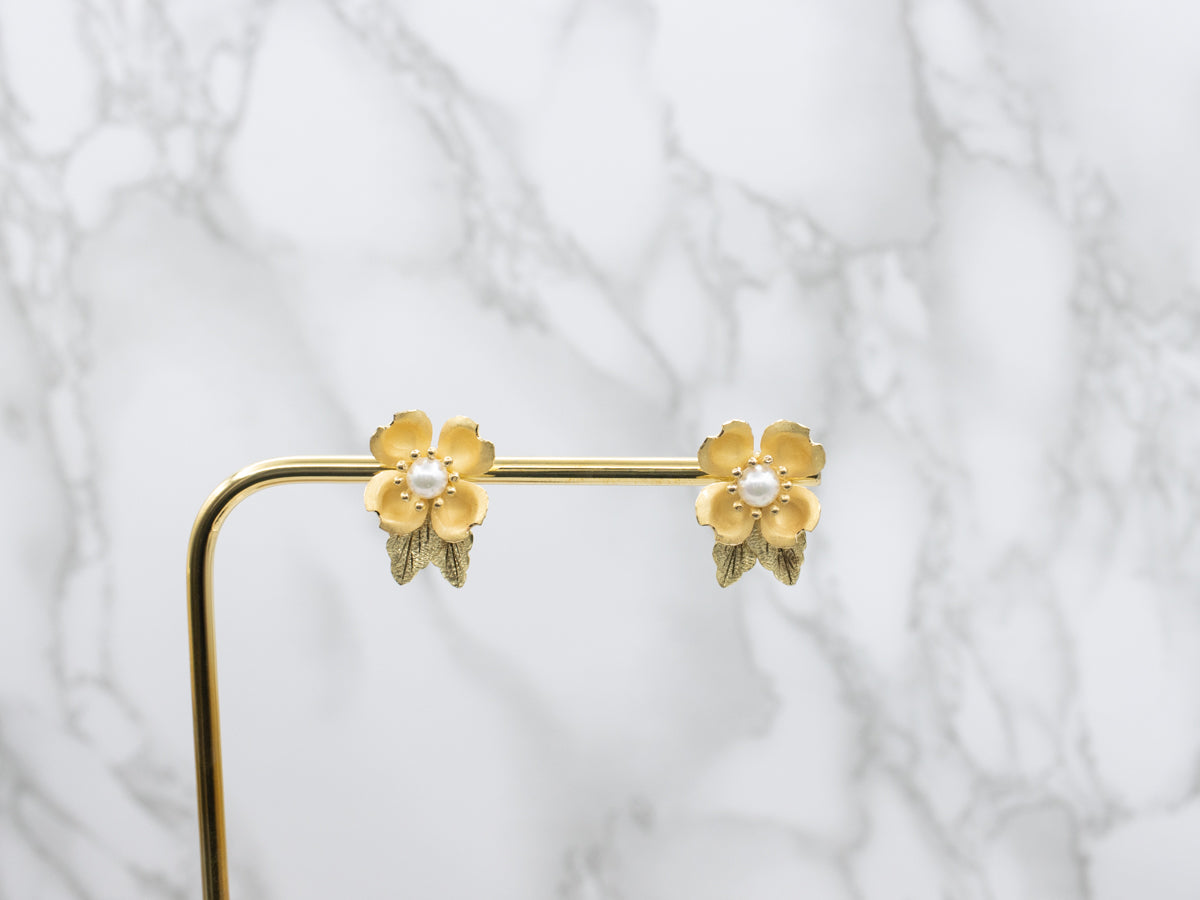 Vintage 18-Karat Yellow Gold Pearl Flower Blossom Earrings