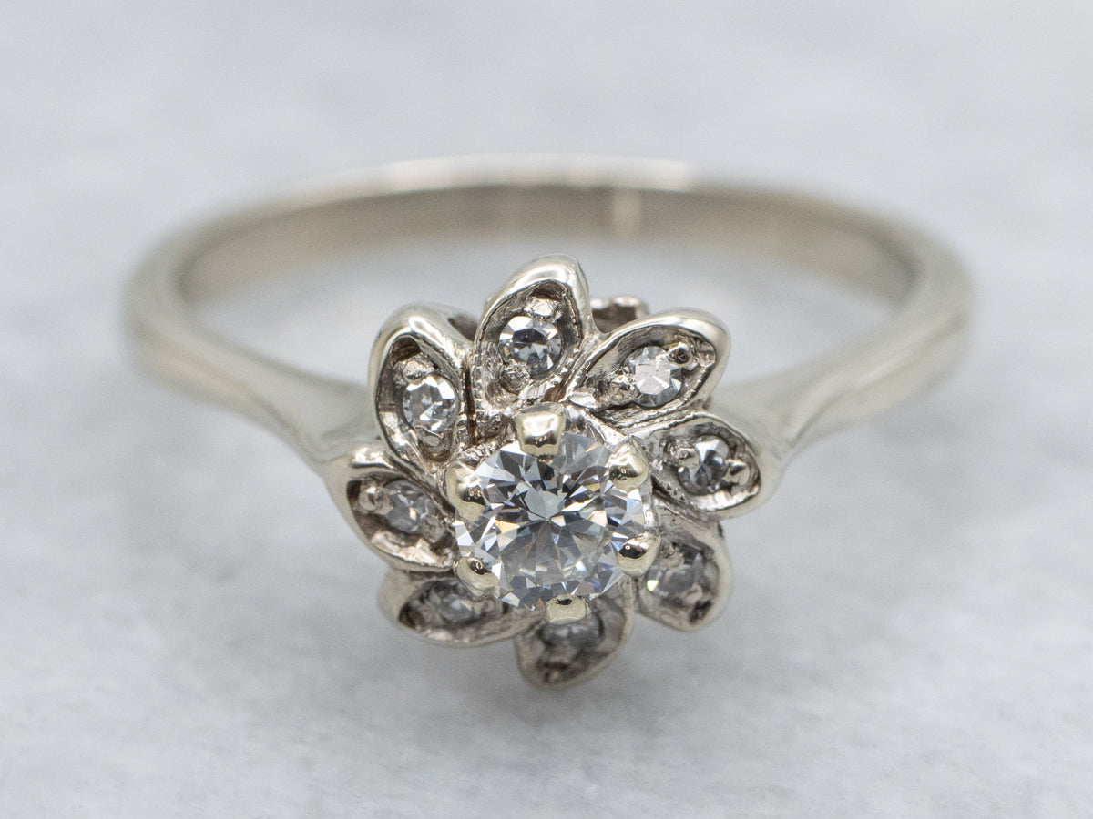 Vintage 14K White Gold Floral Diamond Halo Engagement Ring