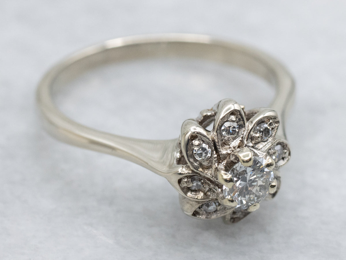 Vintage 14K White Gold Floral Diamond Halo Engagement Ring
