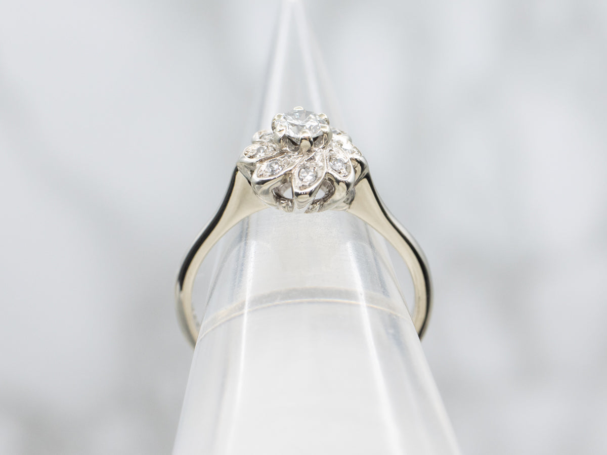 Vintage 14K White Gold Floral Diamond Halo Engagement Ring