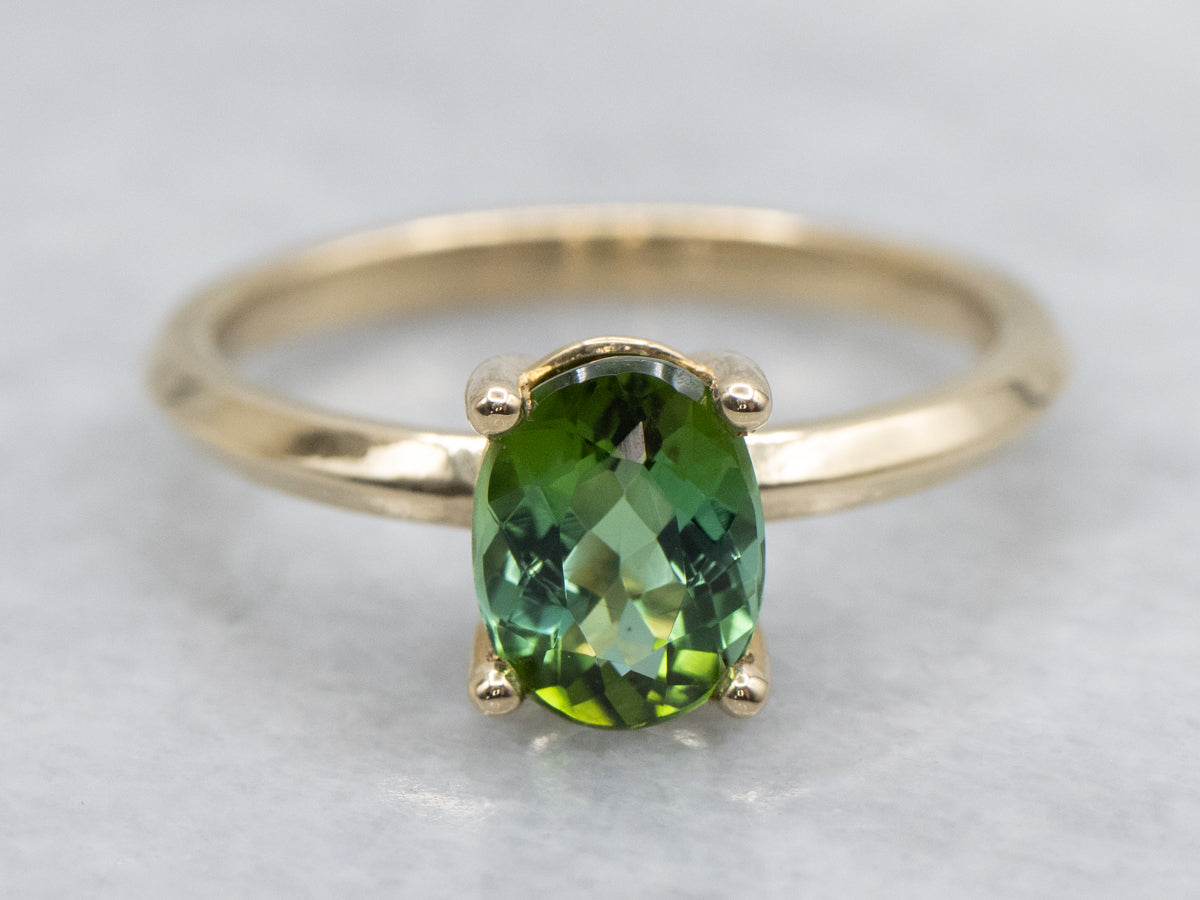 Oval Cut Green Tourmaline Yellow Gold Solitaire Ring
