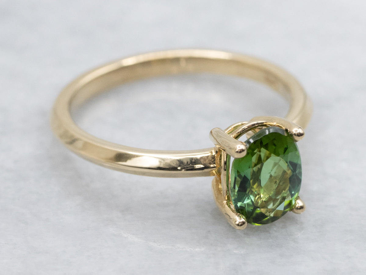 Oval Cut Green Tourmaline Yellow Gold Solitaire Ring