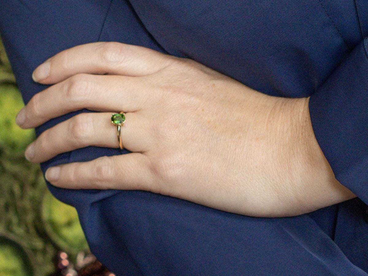 Oval Cut Green Tourmaline Yellow Gold Solitaire Ring