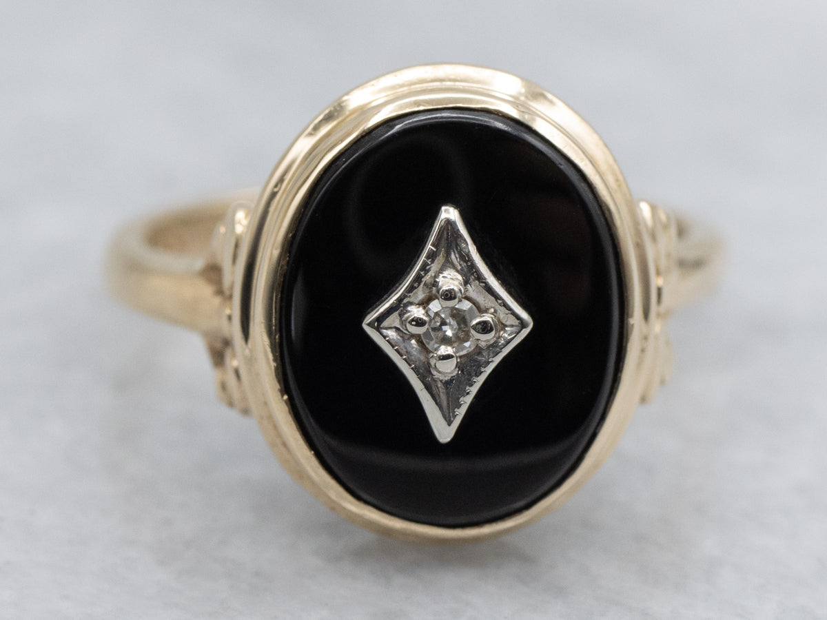 Mid-Century 10K Gold Black Onyx Diamond Ladies Ring