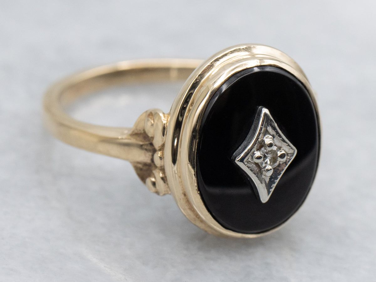 Mid-Century 10K Gold Black Onyx Diamond Ladies Ring