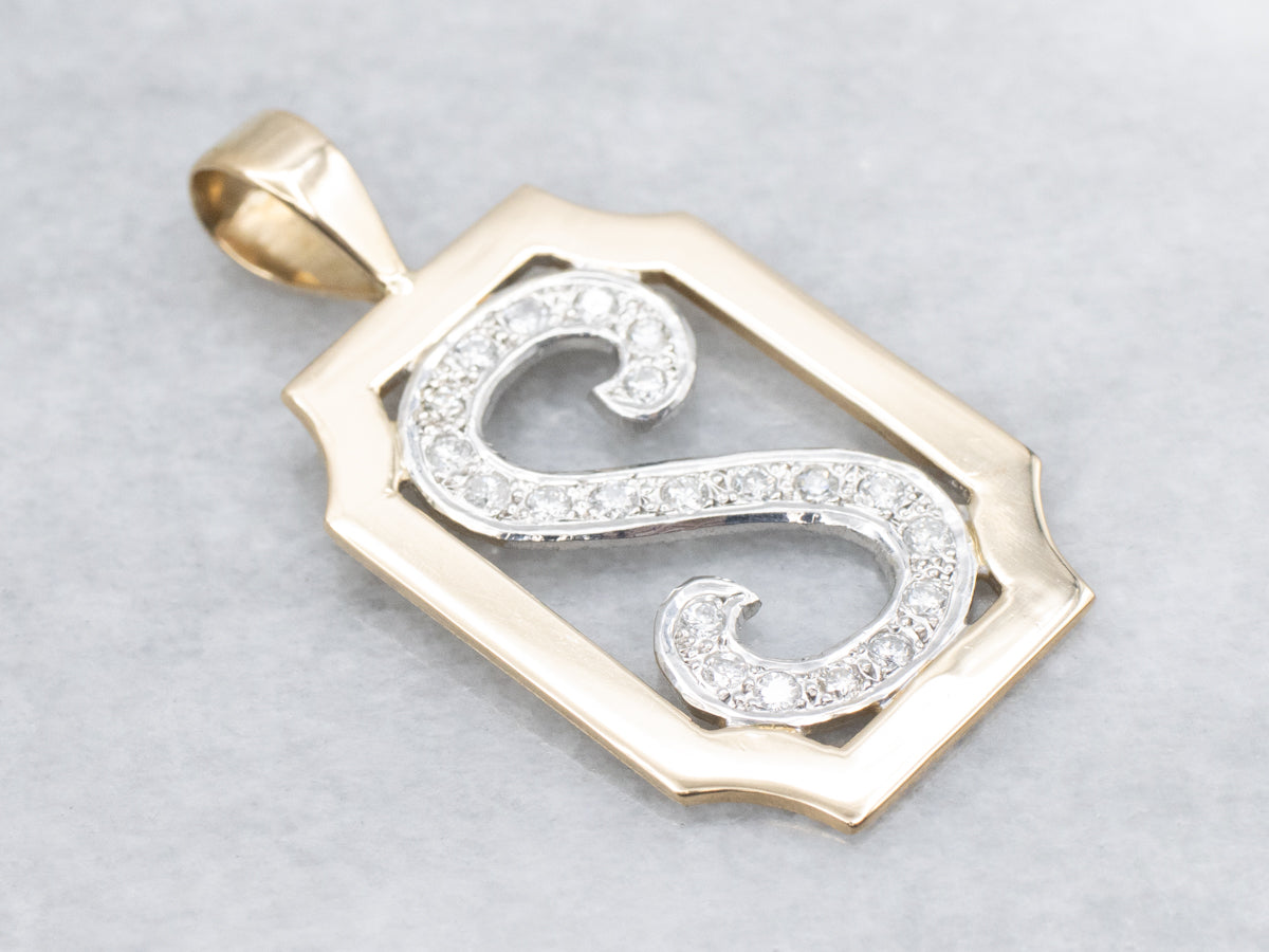 14K Two-Tone Gold Diamond &quot;S&quot; Initial Monogram Pendant