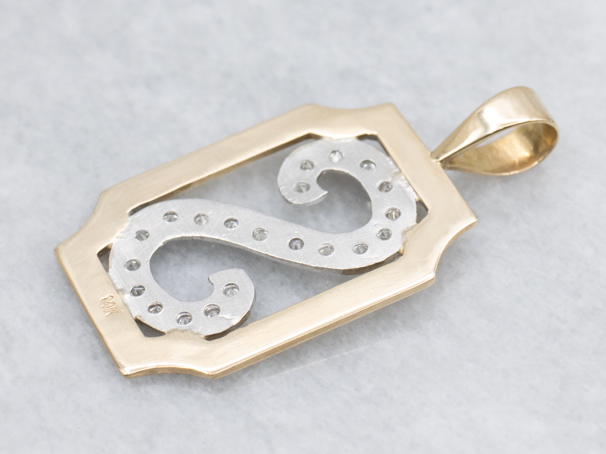 14K Two-Tone Gold Diamond "S" Initial Monogram Pendant