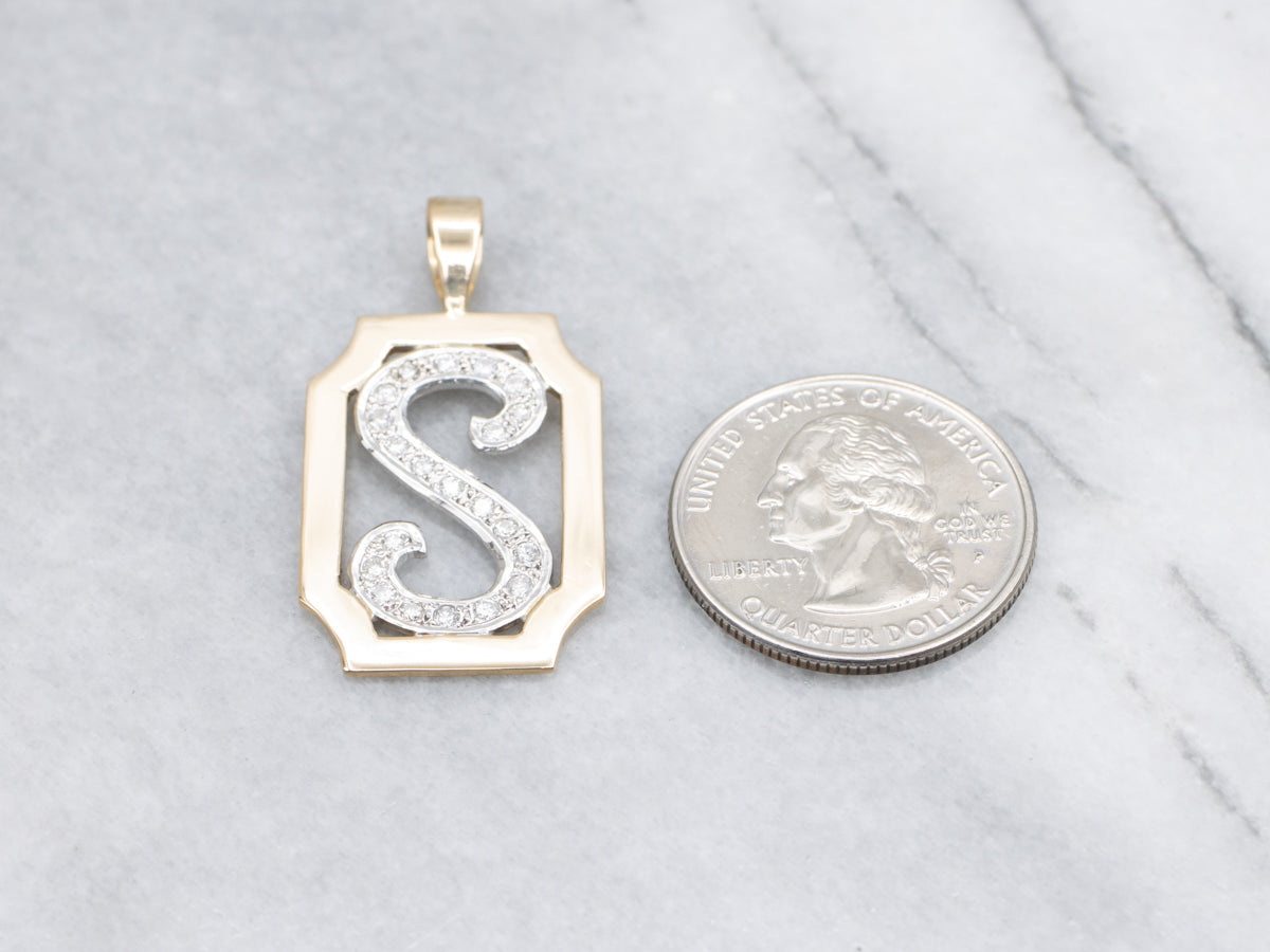 14K Two-Tone Gold Diamond "S" Initial Monogram Pendant