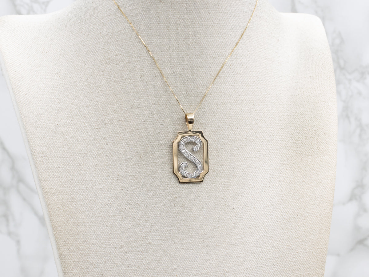 14K Two-Tone Gold Diamond "S" Initial Monogram Pendant