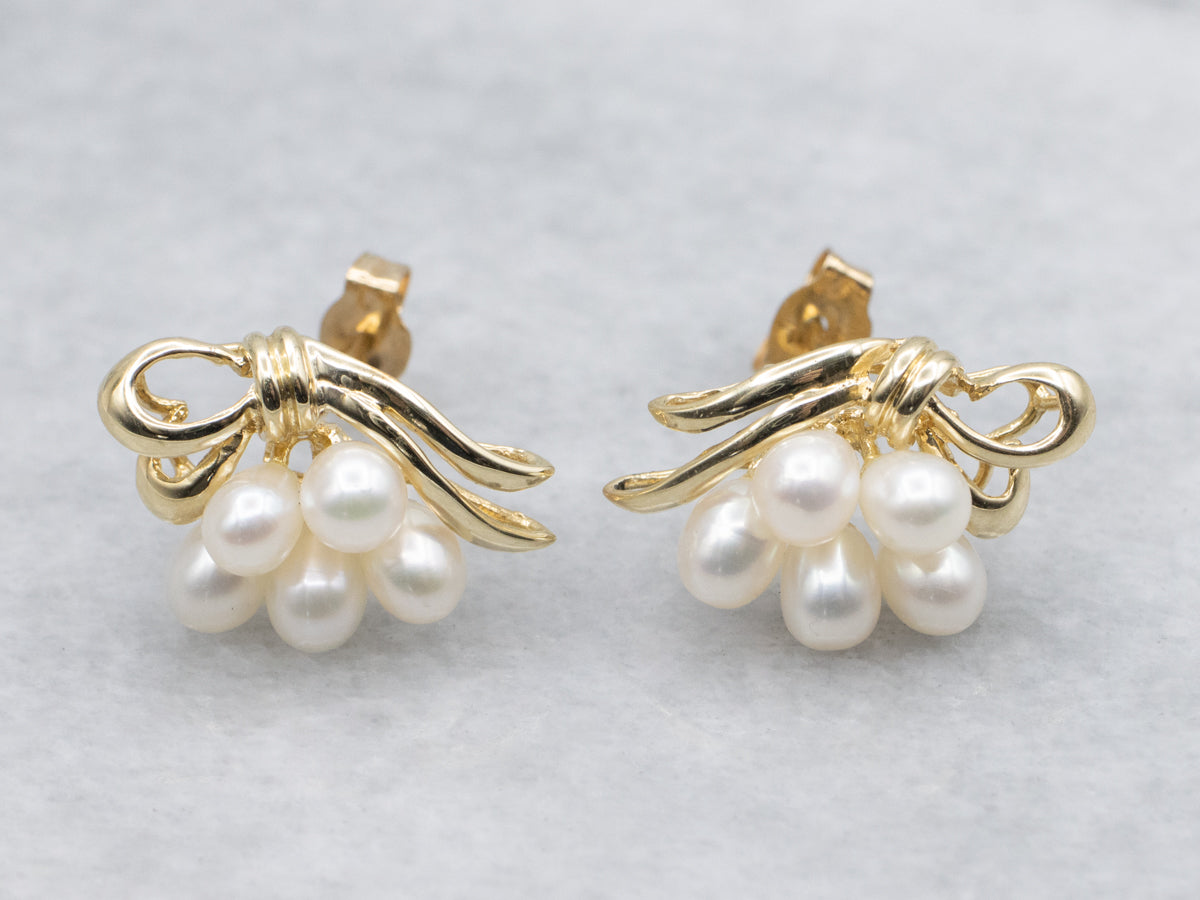 Vintage 14K Yellow Gold Freshwater Pearl Cluster Earrings