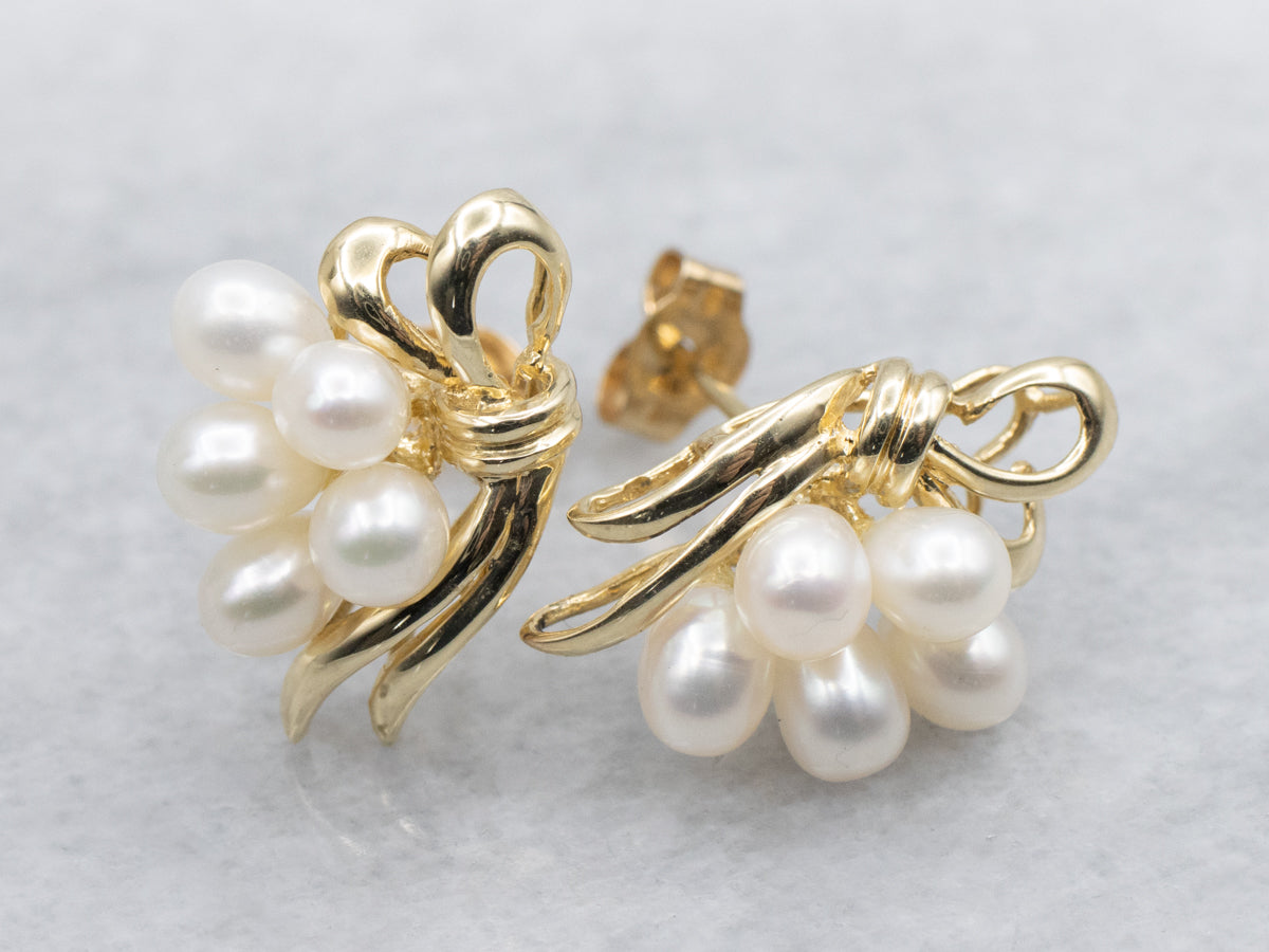 Vintage 14K Yellow Gold Freshwater Pearl Cluster Earrings