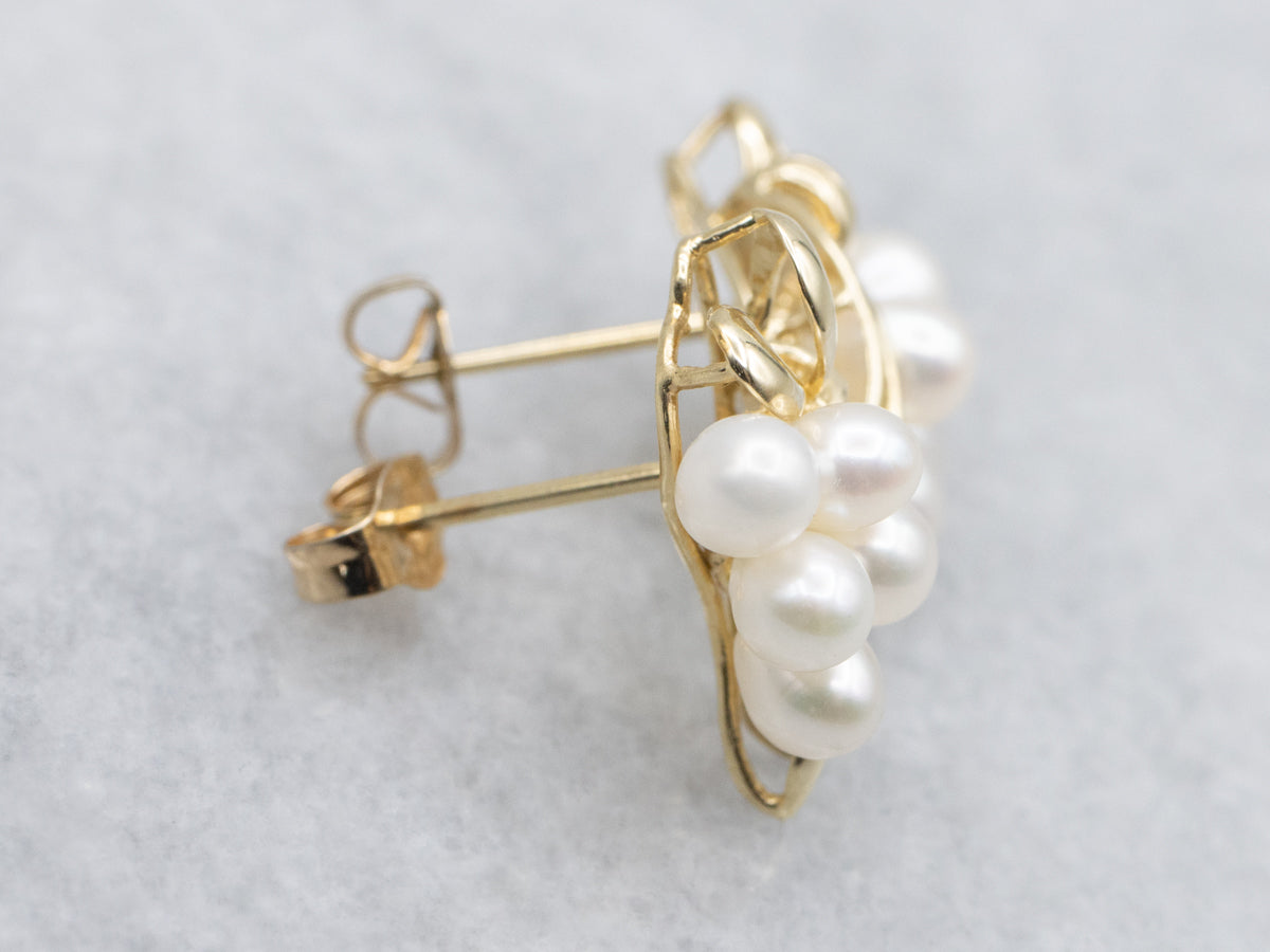 Vintage 14K Yellow Gold Freshwater Pearl Cluster Earrings