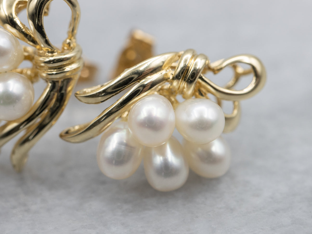Vintage 14K Yellow Gold Freshwater Pearl Cluster Earrings