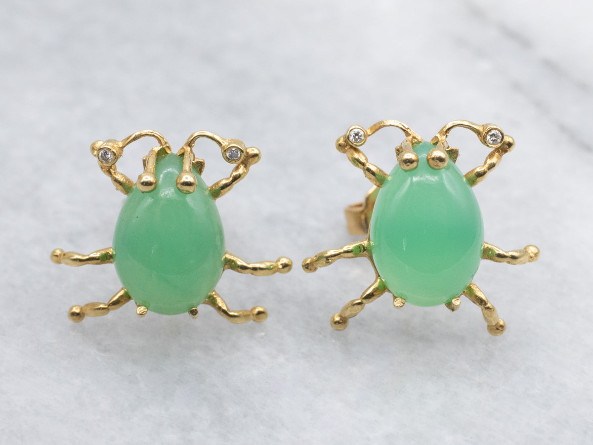 Chrysoprase and Diamond Little Bug Gold Stud Earrings