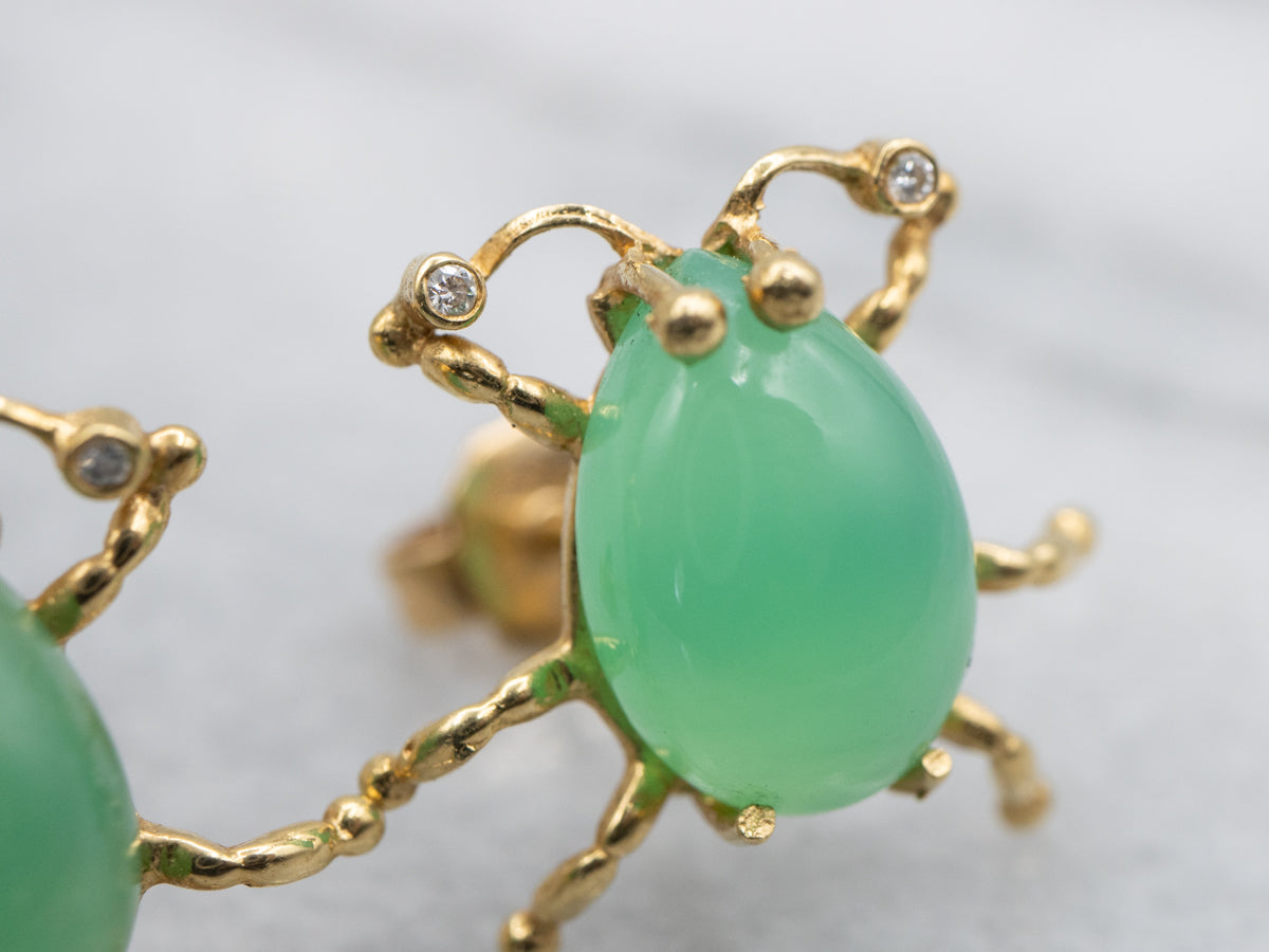 Chrysoprase and Diamond Little Bug Gold Stud Earrings