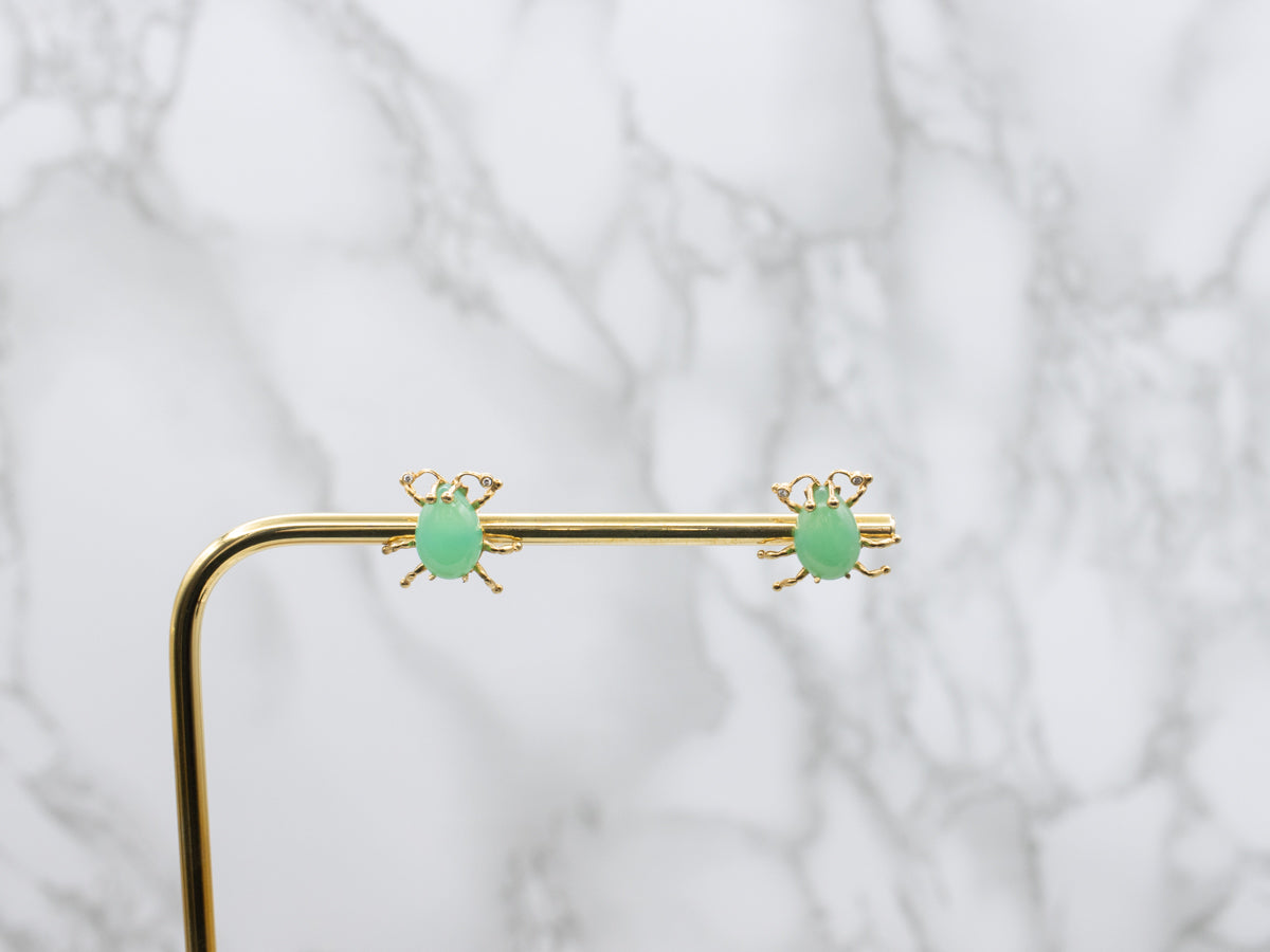Chrysoprase and Diamond Little Bug Gold Stud Earrings