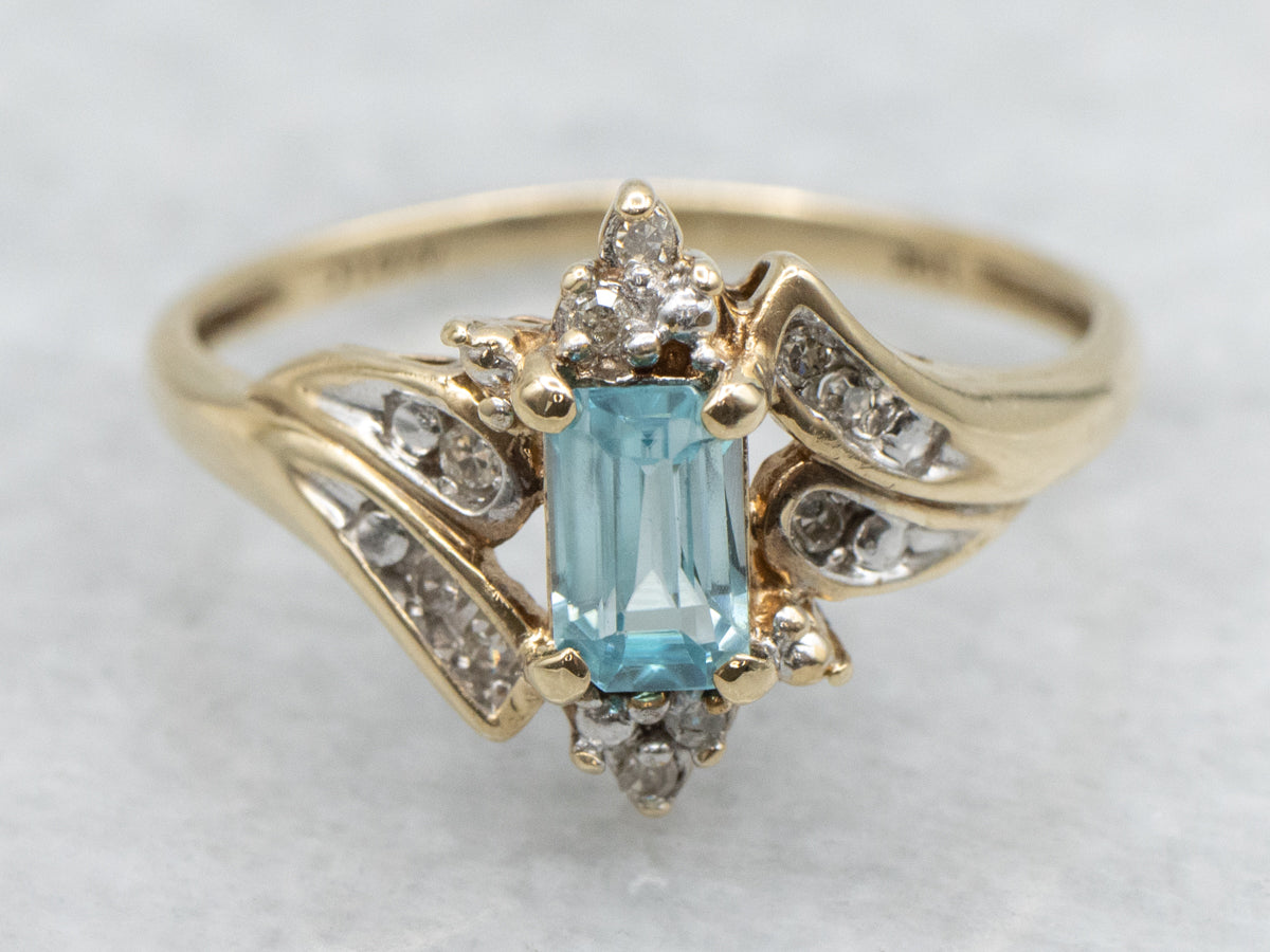 Emerald-Cut Blue Zircon Diamond Vintage Bypass Ring