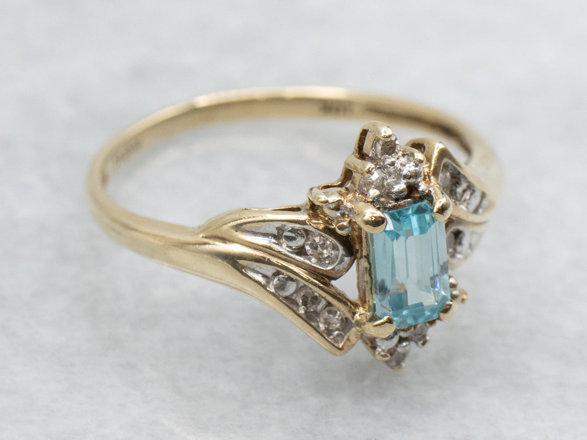 Emerald-Cut Blue Zircon Diamond Vintage Bypass Ring