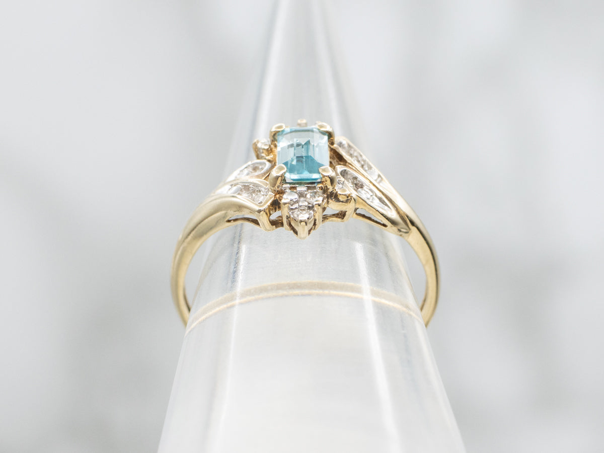 Emerald-Cut Blue Zircon Diamond Vintage Bypass Ring